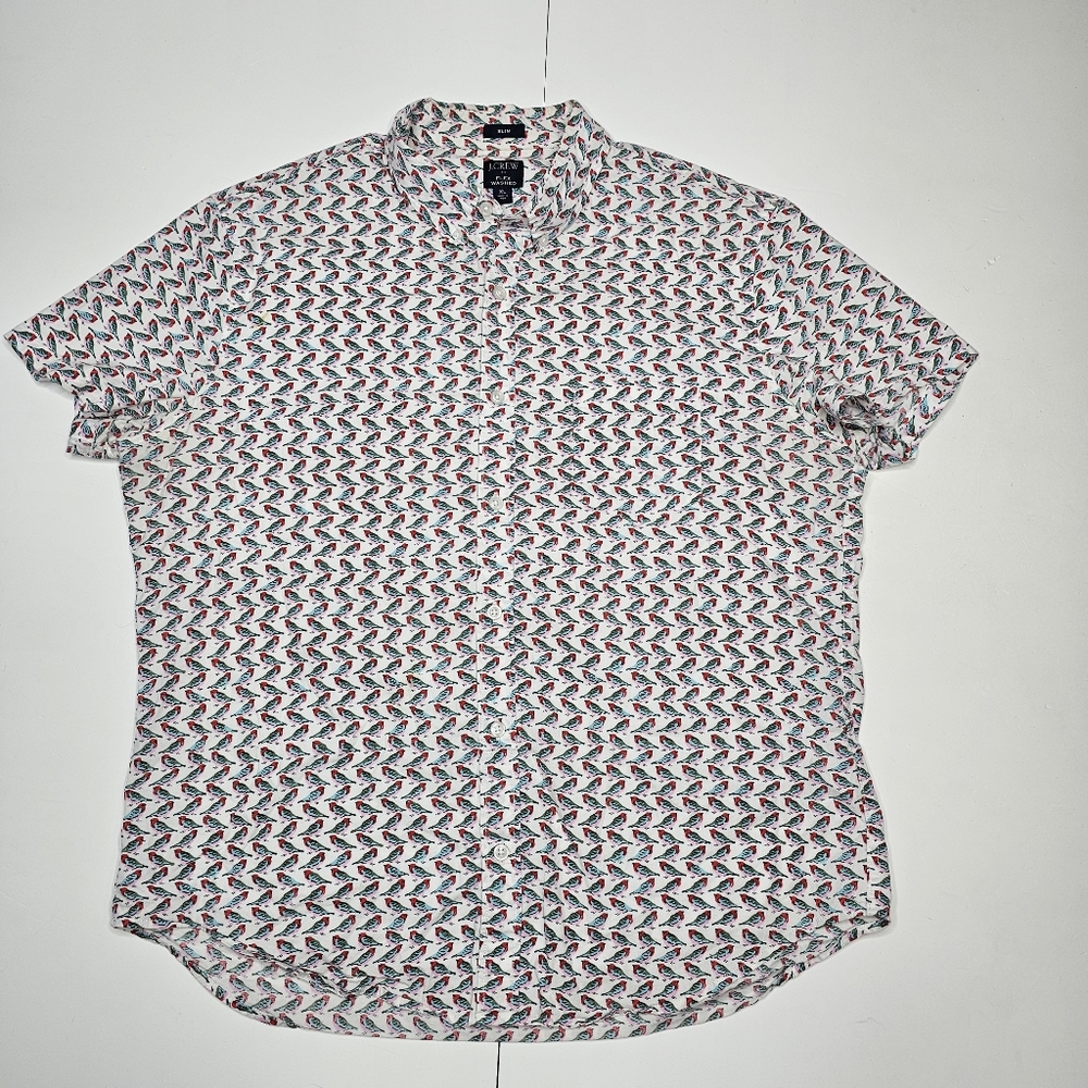 J Crew Flex Washed Slim Shirt Men XL Novelty Bird Print Short Sleeve Button Down
